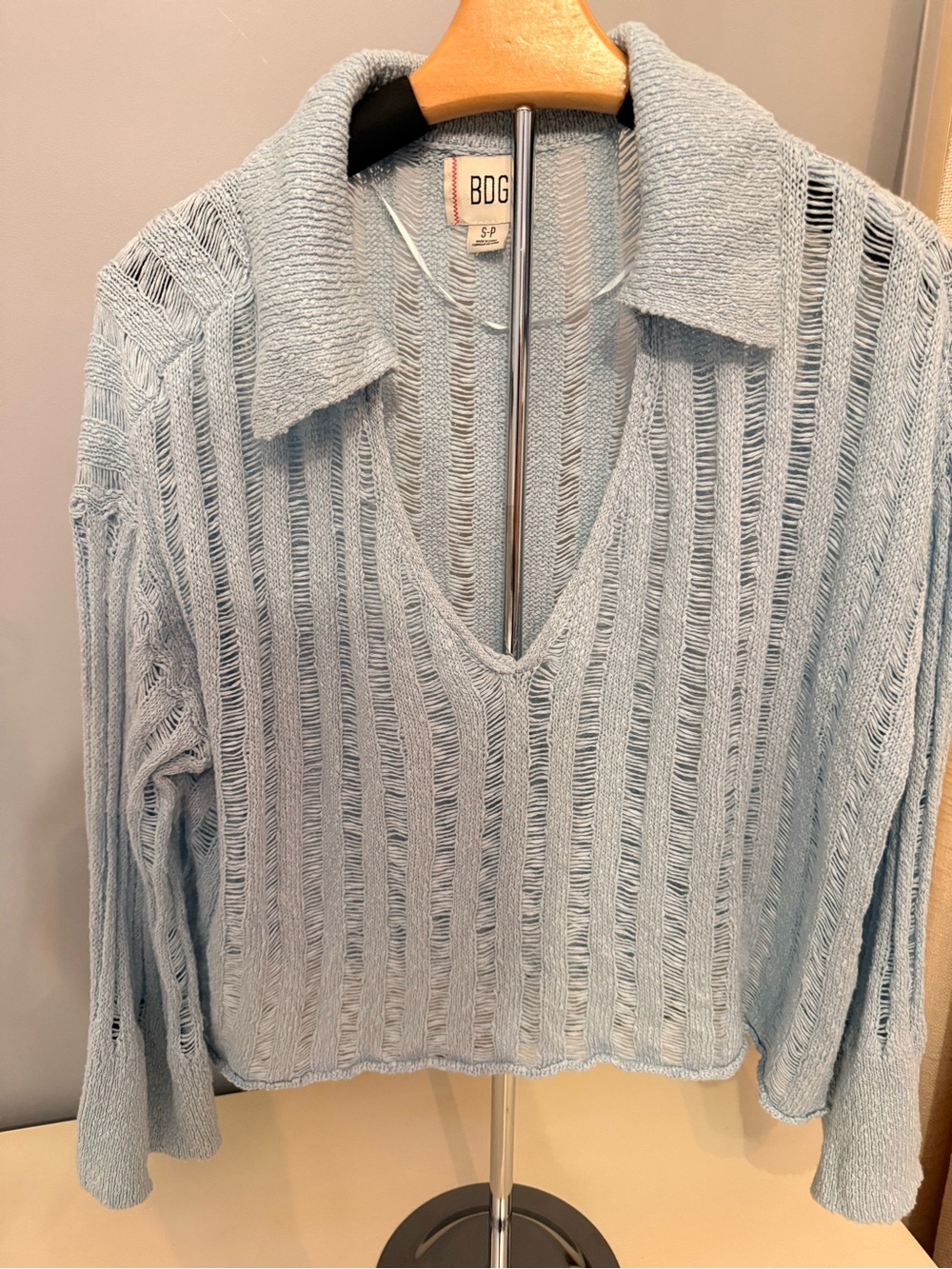 BDG Urban Outfitters Pale Blue Open-Knit V-Neck Collared Sweater